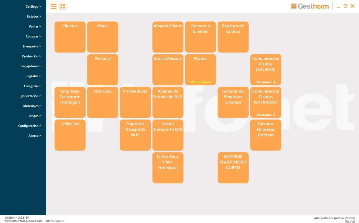 Menú principal de Gesthorm con los módulos de catálogo, ventas, compras, transporte, producción, trabajadores, contable, comercial, importación, materiales, áridos y configuración